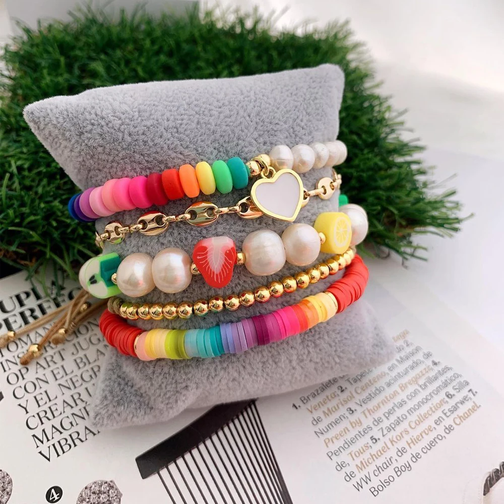 KKBEAD Colorful Polymer Clay Bracelets Set Freshwater Pearl Bracelet Boho Jewelry For Women Fashion Disc Beads Fruit Pulseras