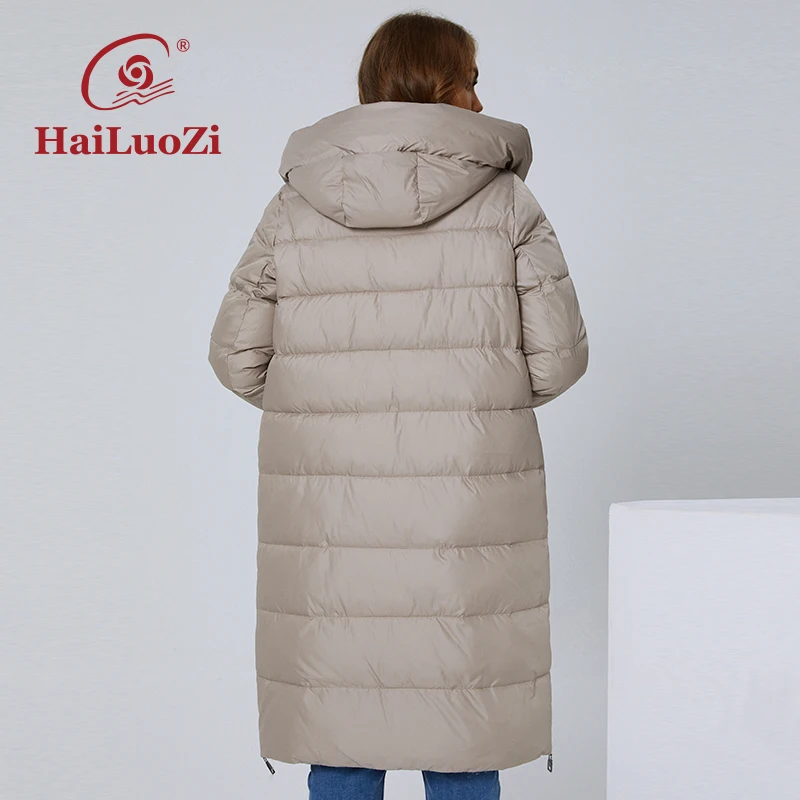 HaiLuoZi-Jaqueta longa de gola alta para mulheres, casaco feminino na moda, capuz elegante Parka, zíper lateral, grosso, L-5XL, 6079, Novo, 2022