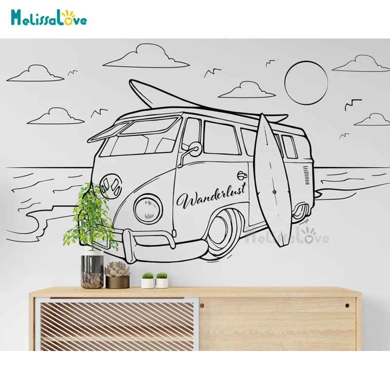 Retro Bus Wanderlust Decal Vintage Van House Gift Beach Hotel Decor Removable Vinyl Wall Art Sticker Mural BD459