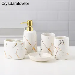 Milky Ceramic Toiletries Bathroom Accessories Set Marble Porcelain Toothbrush Holde Soap Dispenser Bathroom Tray Home Decoration