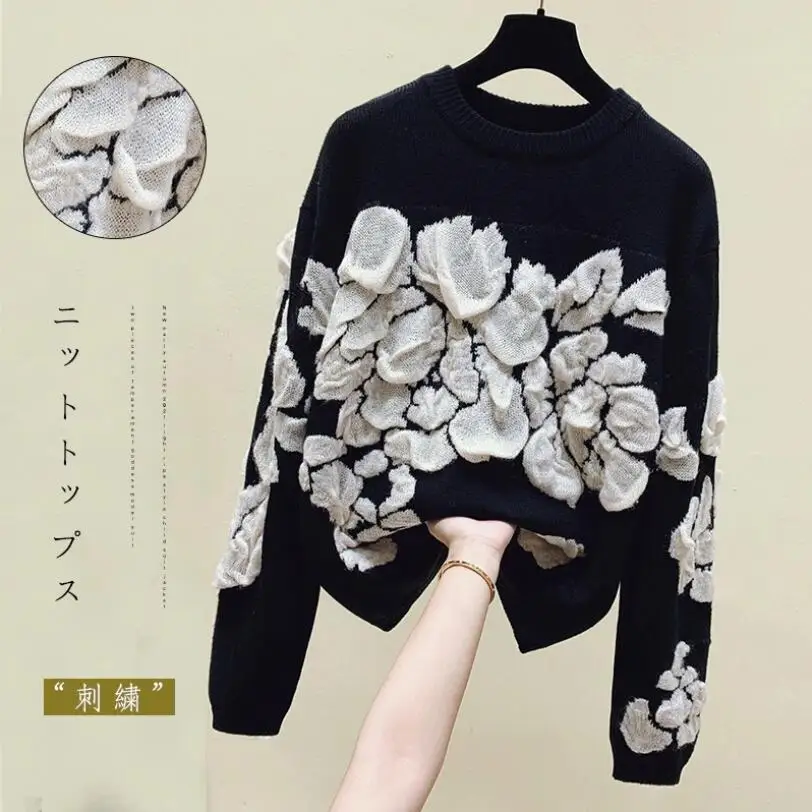 

ZA 2021 Autumn Winter Floral Print Sweater Knitted Pullover Lady Sweaters High Quality Oversize Black Sweater Jumper p928