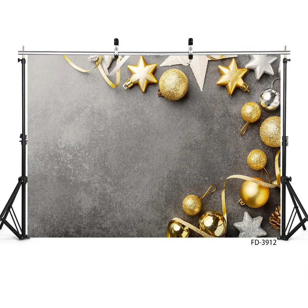 Arrière-plan de photographie en tissu vinyle avec boules dorées et rubans étoilés, arrière-plan pour photos de noël, stand de photos pour enfants, Baby Shower