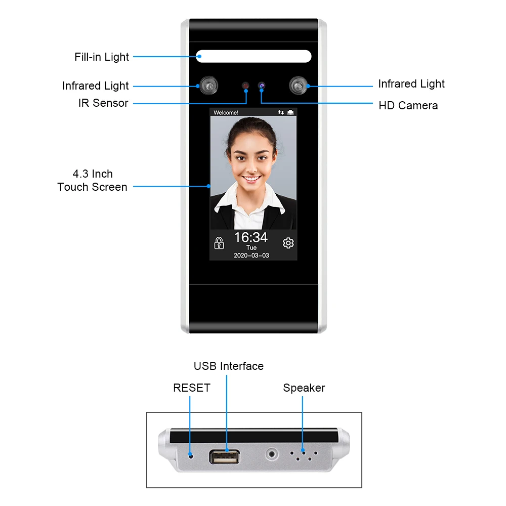 4.3 인치 TCP/IP/USB 얼굴 액세스 제어 기계 동적 얼굴 인식 적외선 얼굴 감지 액세스 제어 키보드 사무실