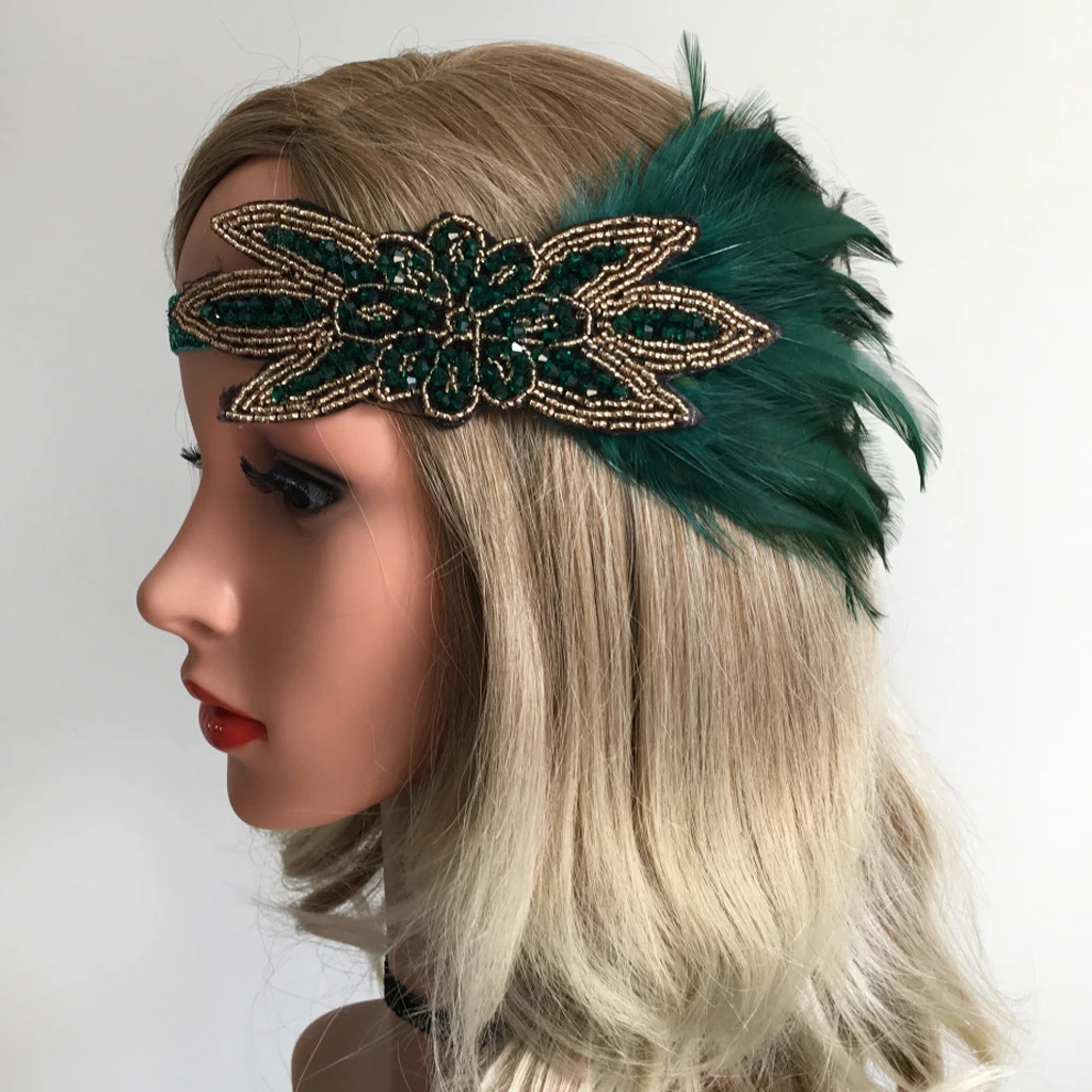 Womens Vintage Feather Headband Green Charleston 1920s Gatsby Charleston Party Forehead Decorations Beaded Hair Accessories 2021