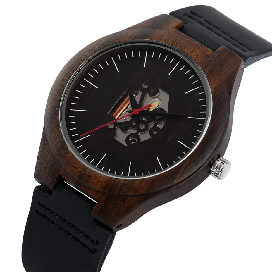 Stylish Black Wooden Watch Hollow Engraving Dial Quartz Men\'s Watch Genuine Leather Male Wrist Watch Wooden Timepiece Gift 2019