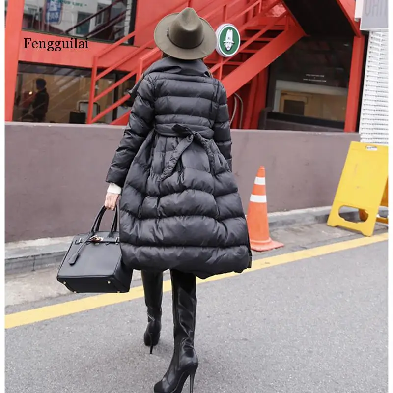 winter fashion women Coats medium-long cotton-padded jacket Thick lacing waist Large Hem Parka Overcoat