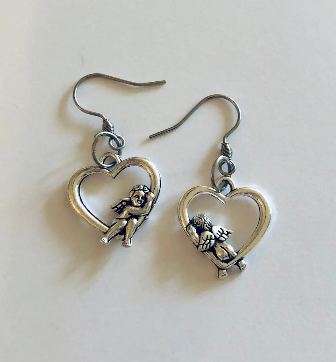 Cherub Earrings, Silver Heart Baby Angel Earrings, Angels with Wings Heaven, Kidcore Aesthetic Cute Kawaii,