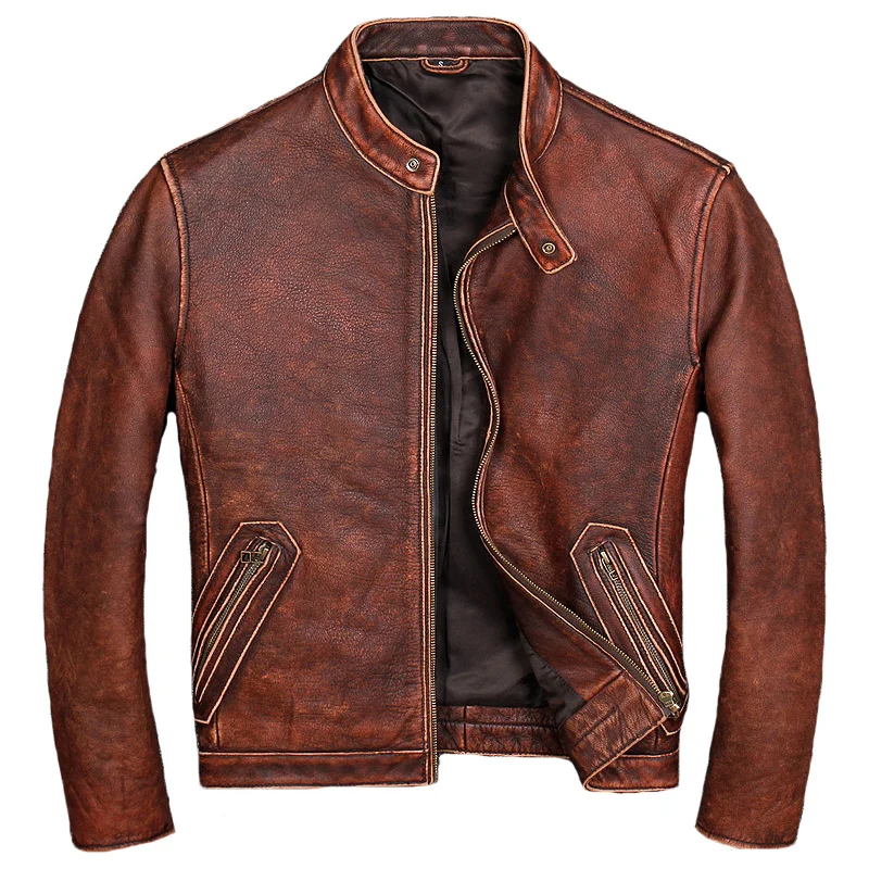 Leather Real Jacket Men Motorcycle Genuine Leather Vintage Sheepskin Coat Cowhide Plus Size Chaqueta Cuero Hombre 1906