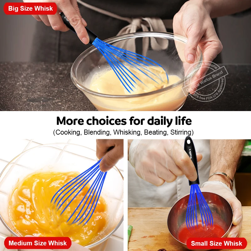 Walfos 3 Pieces Silicone  Stainless Steel Wire Whisk - Mixing Bowl Kitchen Whisk For Non-Stick Egg Foamer Stirrer Kitchen Tool