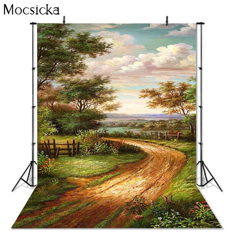 Rural Natural Landscape Photography Backdrop Country Road Forest Oil Painting Style Child Portrait Background Studio Photo Booth