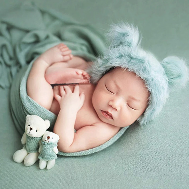 3pcs/set Newborn Infant Photography Wraps Knitted Baby Boys Girls Photo Props Faux Fur Hat Strong Stretch Blanket Bear Doll