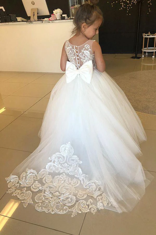 New Ivory Lace Train Flower Girl Dresses 2022 Bow Tie Back Ball Gown Princess Girls Dress Robe Princesse Enfant Fille