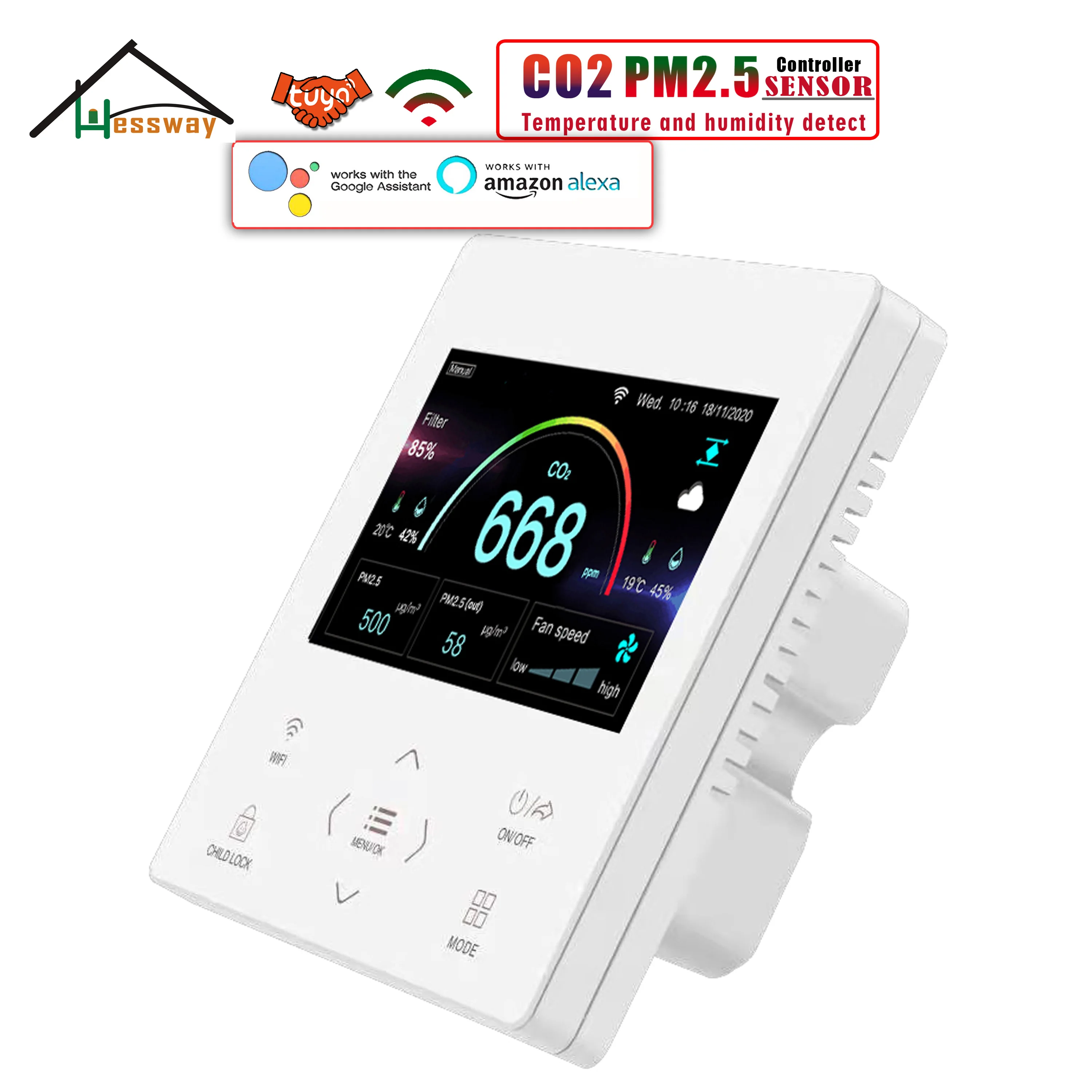 Imagem -02 - Hessway-sensor de Qualidade do ar Wi-fi Modbus Monitor Pm2.5 e Co2 Interior e Exterior ac 010v Saída do Ventilador Pwm