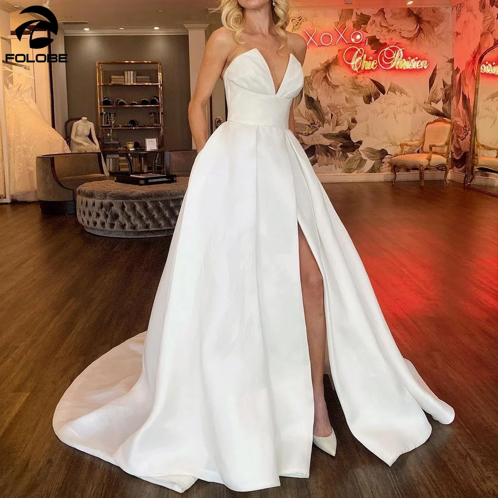 Abito da sposa Sexy senza spalline con scollo a v senza spalline con scollo a v in raso di alta qualità semplice abiti da sposa economici su misura