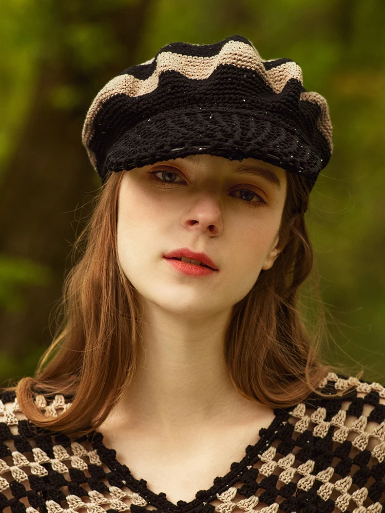 

B-7948 Handmade Knitting Beret Hat Adult British Elegant Striped Casquette Adjustable Hats Vintage Beret Octagonal Hat