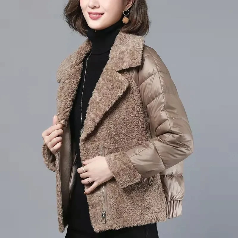 Veste courte en coton patchwork de laine d'agneau pour femmes, parkas rembourrées à fermeture éclair mince, vêtements d'optique féminins, manteau d'hiver élégant