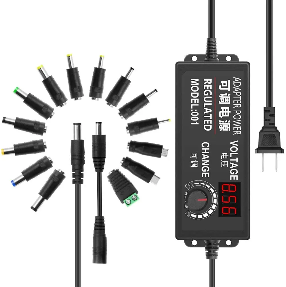 Universal Power Supply 3V-12V 5A 60W Adjustable AC/DC Adapter 100~240V AC to DC 3V 5V 6V 8V 9V 12V with LED Display and 14 Plugs