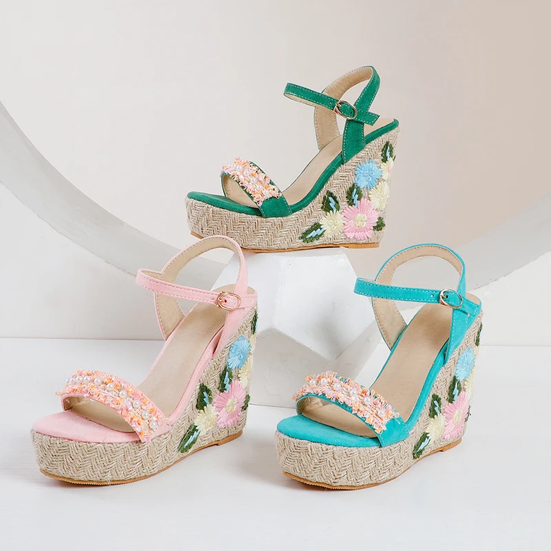 Sgesvier Platform Super High Heel Sandals Woman Shoes Espadrille Wedges Heel Sandals Flower Buckle Ladies Footwear Green Size 48