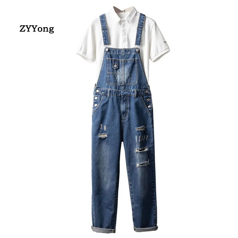 Men Denim Hole Bib Overalls Loose Large Size Fashion Hip Hop Streetwear Jumpsuit Blue Tattered Jeans Pants Freight Trousers