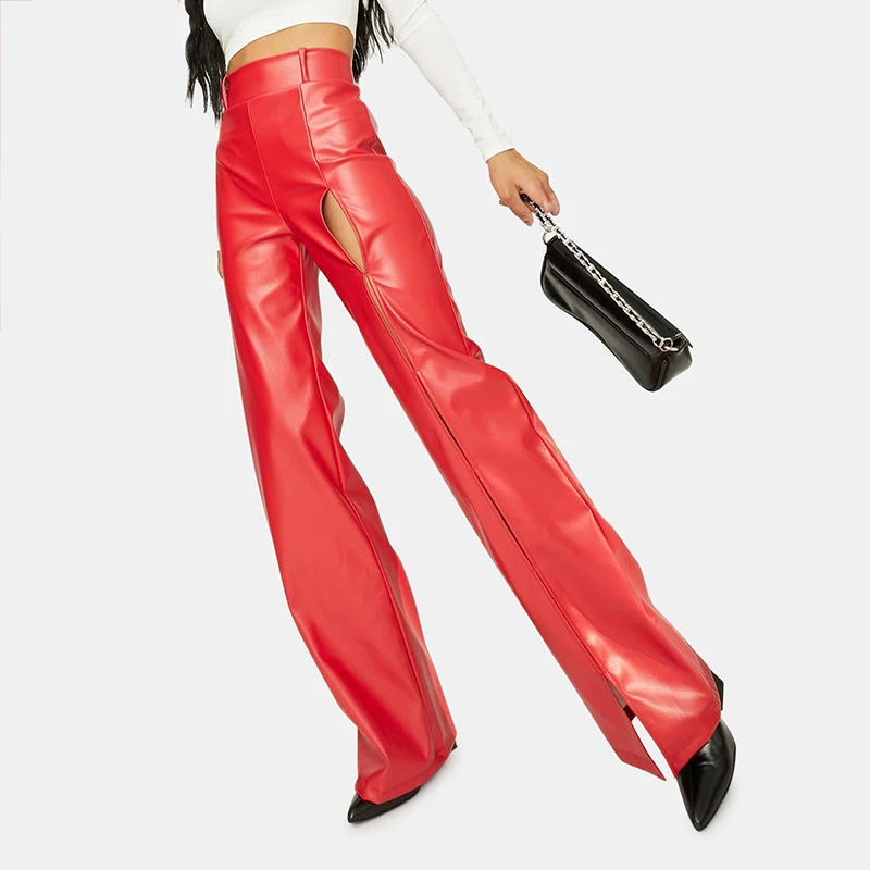 Faux lederen broek met split en vlam voor dames casual pvc los breed been broek PU latex hoge taille plus maat flare broek op maat