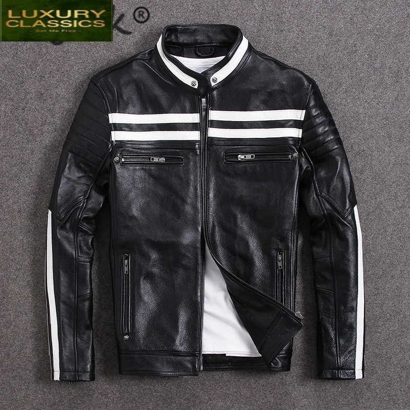 Genuine Leather Jacket 100% Men Plus Size Real Cow Leather Coat Male Streetwear Moto Biker Natural Leather Coats M-L-C-9