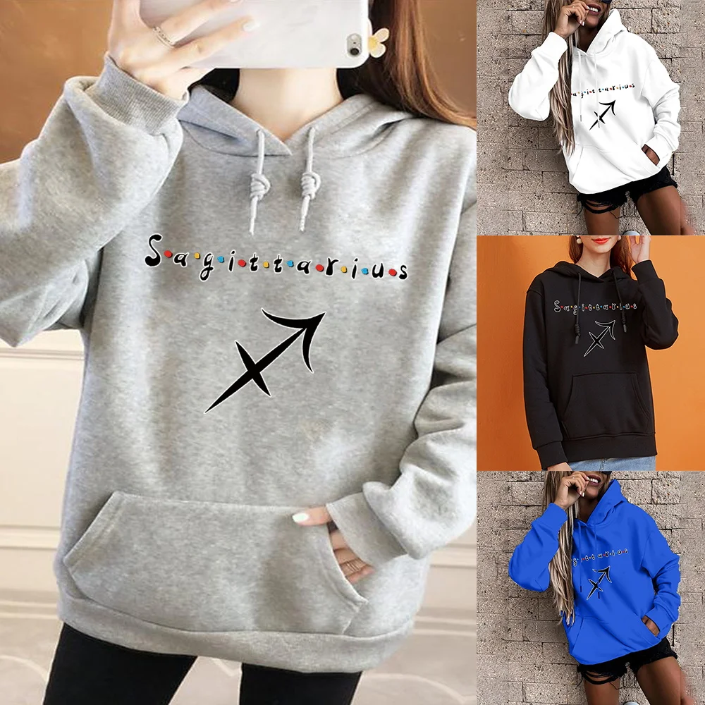 แฟชั่น Hoodie สตรี Street กีฬา Pullover ราศีธนูพิมพ์ขนาดใหญ่หลวมสาว Harajuku Casual กีฬา Hoodies