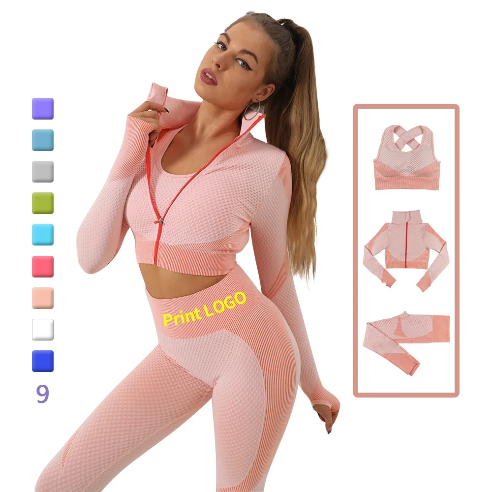 

Ribbed Seamless Women Yoga Set Gym Clothing Sportswear Long Sleeve Crop Top Active Bra High Waist Leggings Sports Fitness Suits