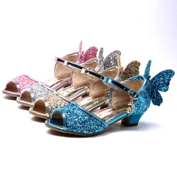 Girls High Heels Summer New Princess Sandals Rhinestone Butterfly Children Performance Shoes Kids Dance Student Show Shoes 26-37