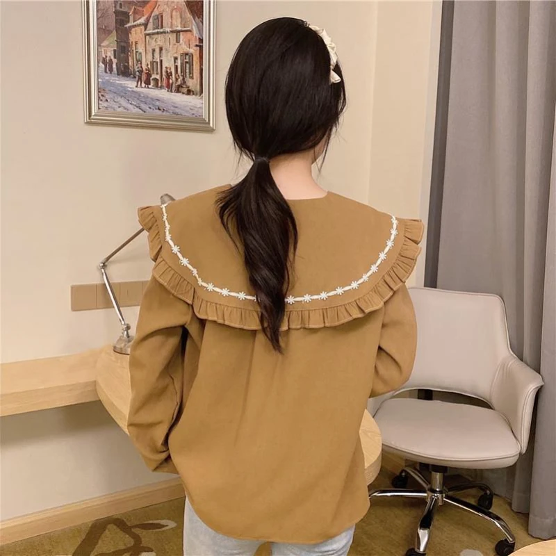 Peter Pan Collar Shirts Women Sweet Design Ruffles High Street Princess Korean Style White Button-up Long Sleeve Blouses Girls