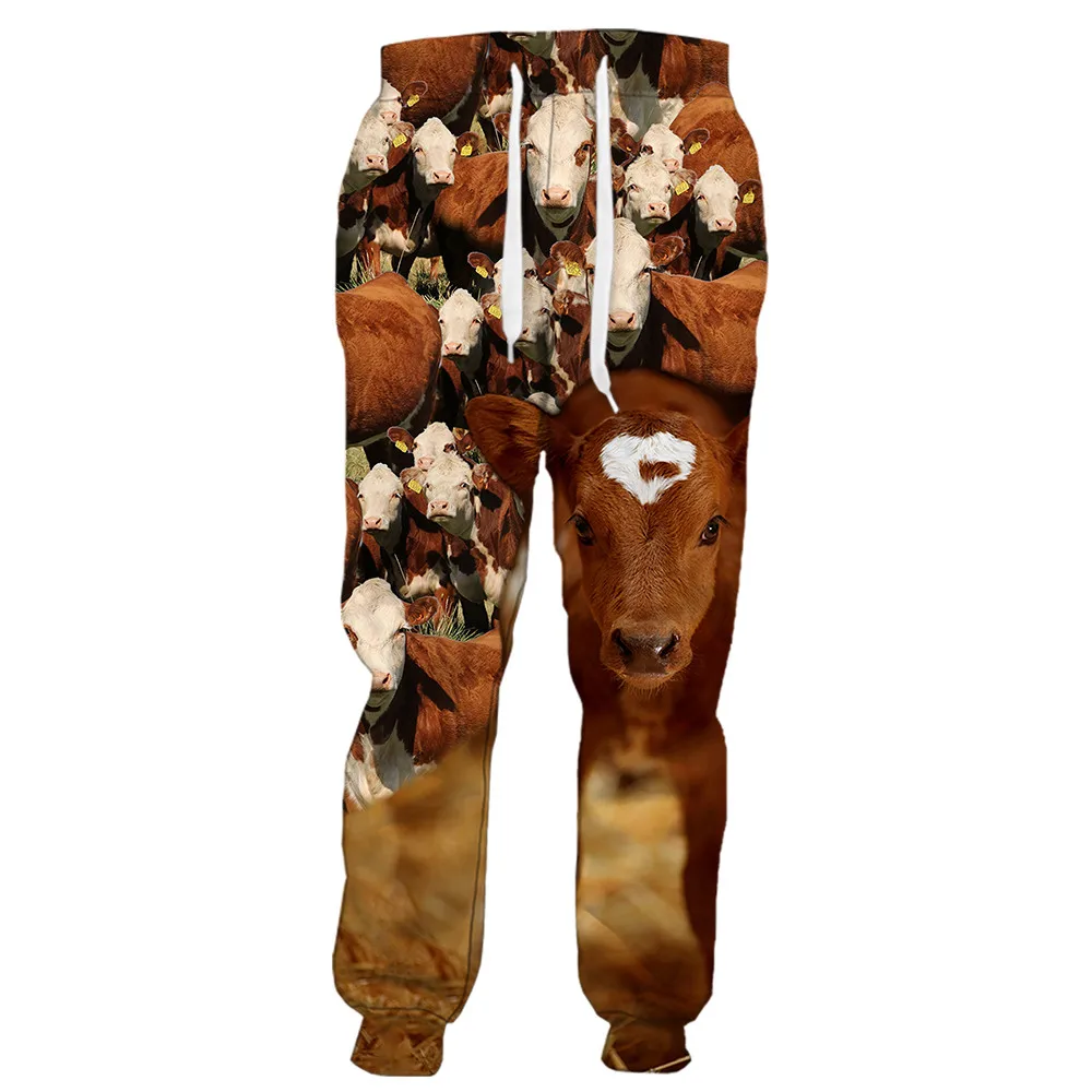 HX Animals Trousers 3D Graphic Brown Calf Printed Pants Harajuku Pockets Sweatpants Jogging Men Clothing S-5XL