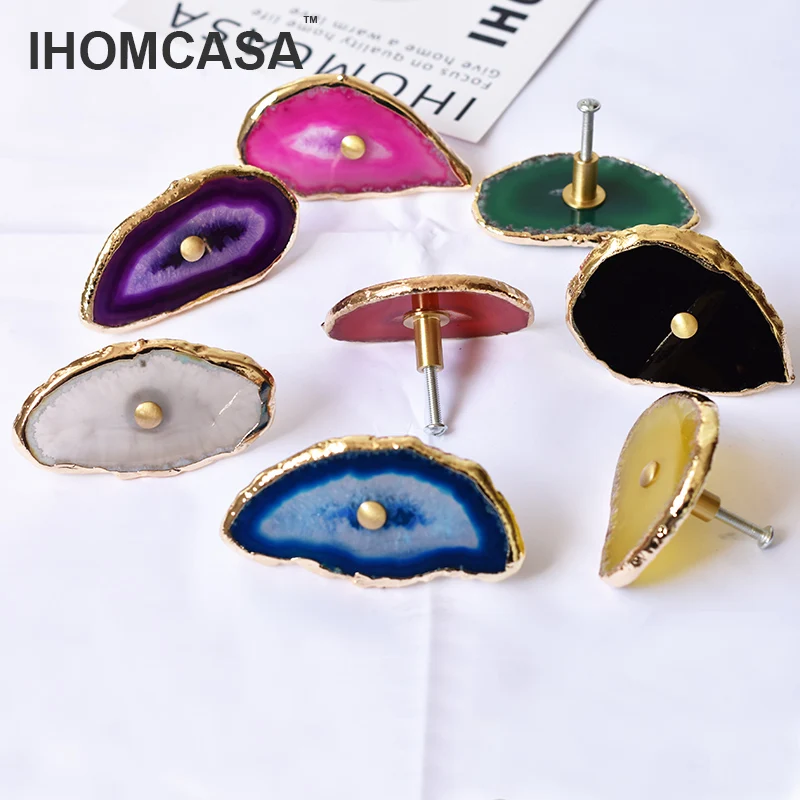 IHOMCASA Luxurious Brass Crystal Furniture Door Handles Wardrobe Cupboard Cabinet Knob Drawer Pull Natural Agate Stone Nordic