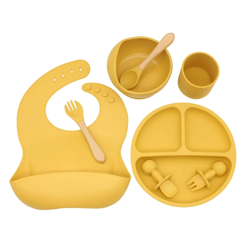 Food Grade Silicone Baby Bowl with Sucker Bib Baby Feeding Training Dishes Pocket Infant Saliva Towel Fork Spoon Cup