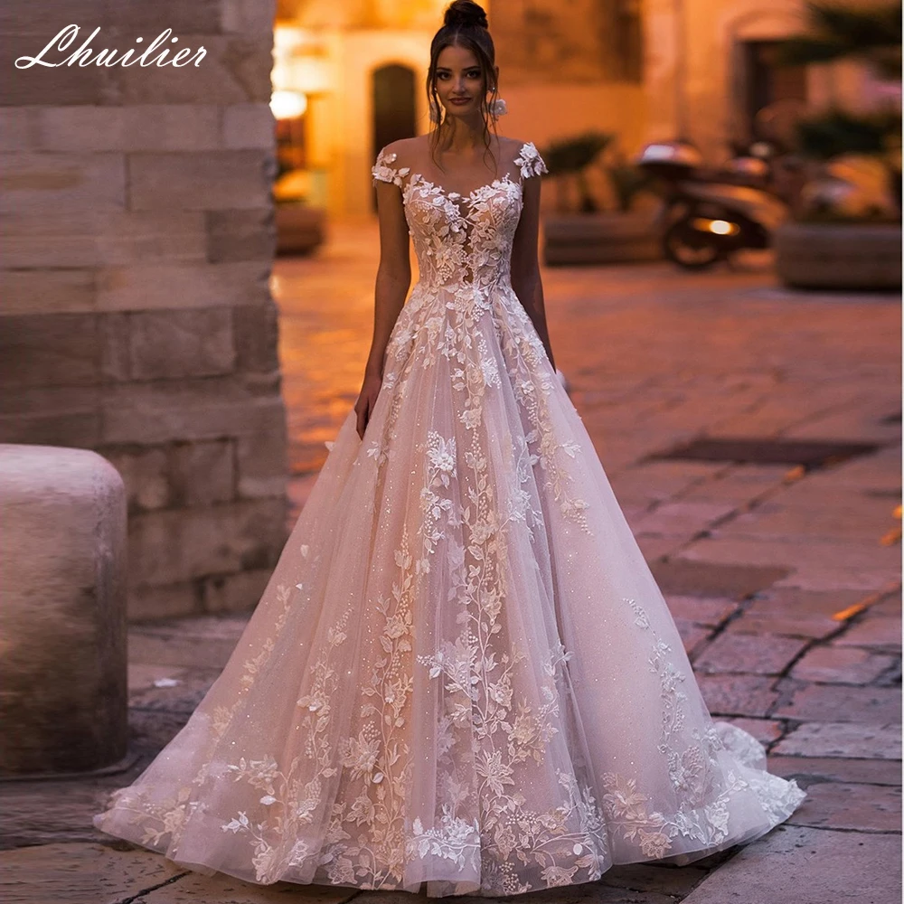 Lhuilier A Line abiti da sposa Glitter scollo tondo lunghezza pavimento abiti da sposa corte treno con applicazioni di pizzo