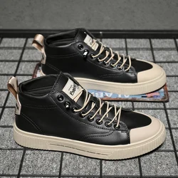 Men Causal Shoes for Spring Summer High Top Lace-up Sneakers Stylish Black White Male Footwear Soft Leather Anti-skid Design