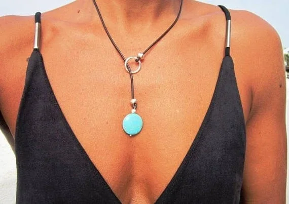 turquoise leather necklace lariat necklace y shapped necklace turquoise jewelry