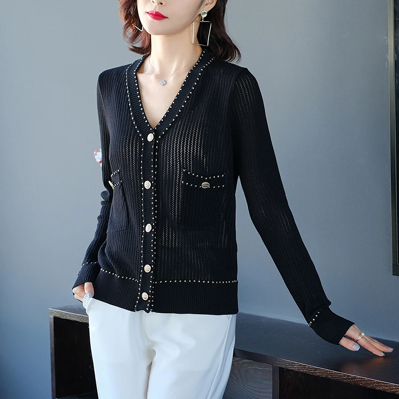 

High Quality Women Knit Coat Spring V-Neck Lady Knitwear Elegant Hollow Out Knit Cardigan Outwear