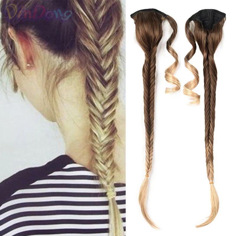 

DinDong 24 inch Ponytail Extensions Synthetic Fishtail Braids Pony tail Clip in Drawstring Ponytail hair Ombre Color