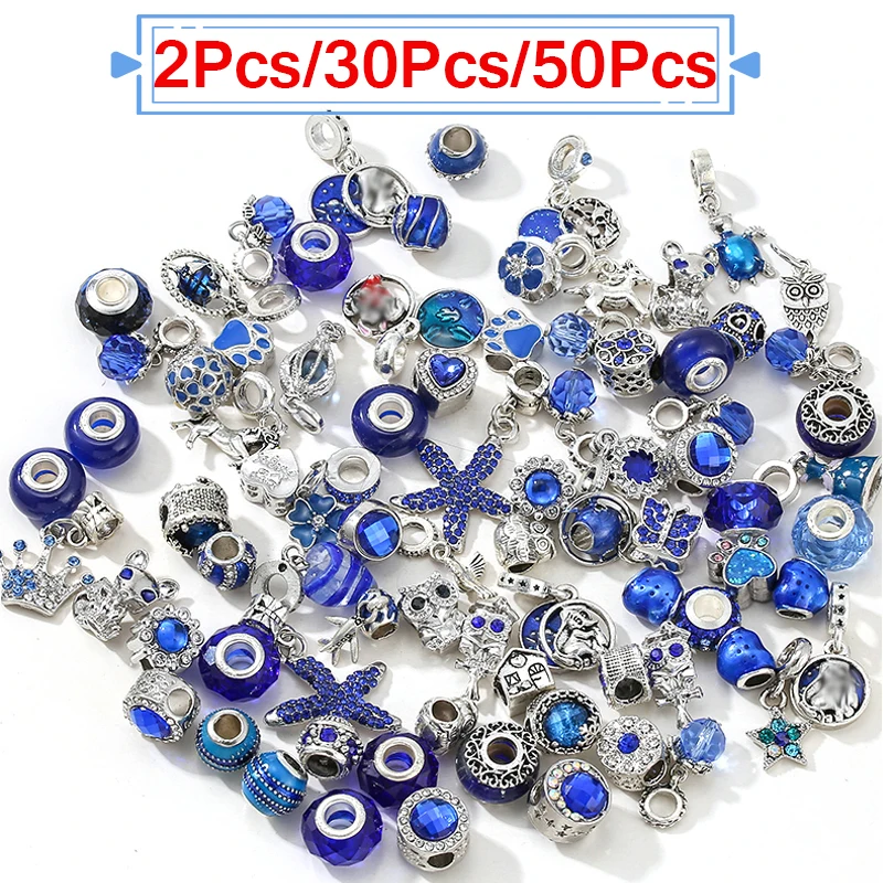 10Pcs/20Pcs 5000 Styles Mixed Random Delivery Blue Beads Crystal Charms Fit Brand Europe Bracelet Necklaces For Women Jewelry