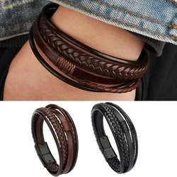 Mens Leather Bracelet with Magnetic Clasp Cowhide Multi-Layer Braided Leather Mens Bracelet Black and Brown Jewelry Gift