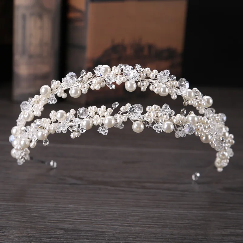 

SLBRIDAL Handmade Double Rows Rhinestones Bridal Tiara Crown Wedding Headband Wired Pearls Crystal Women Headpieces Headdress