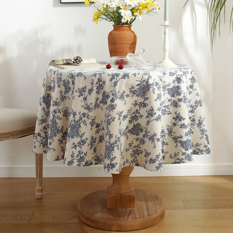 

Blue Floral Table Cloth for Table tapete Round Tablecloth Cotton and Linen Wedding Decoration New Table Cover nappe de table