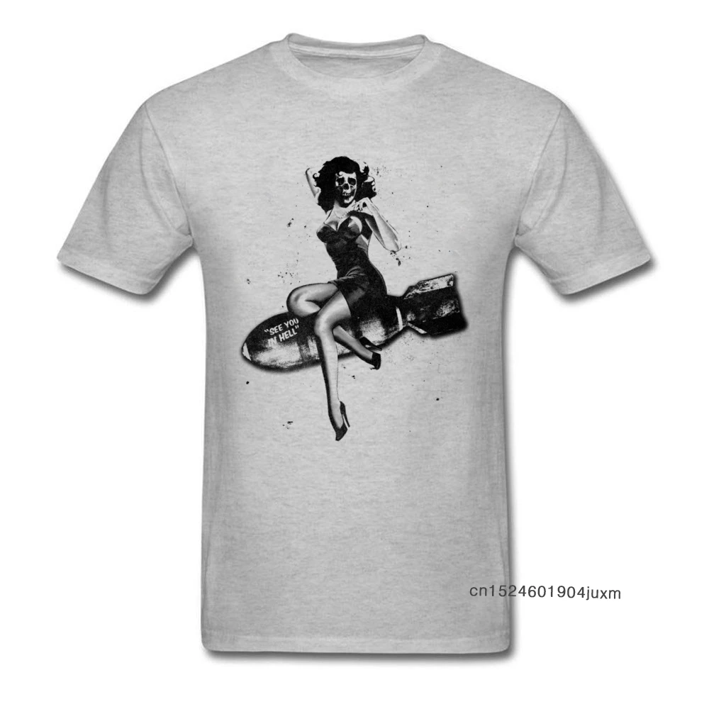 Pin Up Skull Tshirt Men Woman T Shirt Miss Bomb T-shirts Short Sleeve Rife Summer Autumn Tops Tees 100% Cotton Grey Clothes