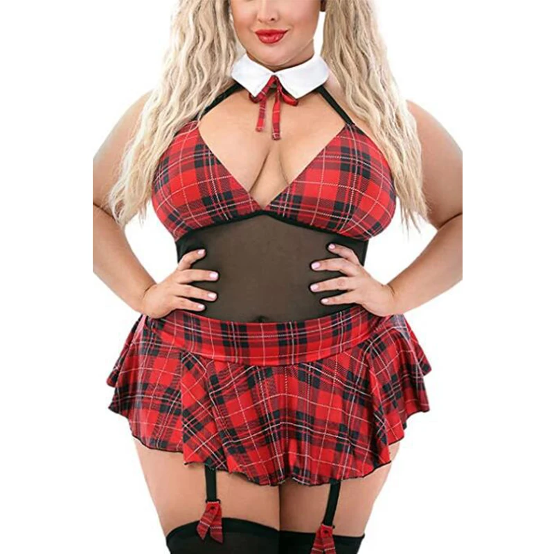 Plus Size Schoolgirl Costumes Sexy Role Play Uniform Erotic Naughty Lingerie Plaid Night Halloween Women Roleplay Sex Cosplay