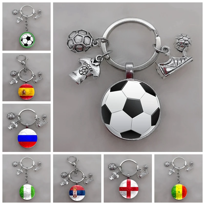 Morocco Mexico Flag Football Keychain Nigeria Senegal Flag Picture Men's Sports Fan Glass Dome Keyring Jewelry Keychain