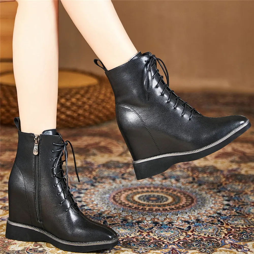 

Pumps Shoes Women Lace Up Cow Leather Wedges High Heel Ankle Boots Female Winter Warm Square Toe Fashion Sneakers Casual Shoes