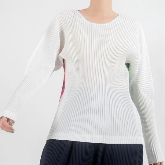 

IN STOCK Miyake fold long sleeve T-shirt o-neck feather Back printing loose T-shirt HOT SELLING