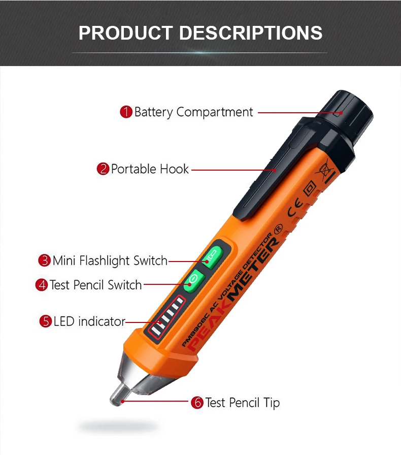 PEAKMETER PM8908Cเครื่องตรวจจับแรงดันไฟฟ้าแบบไม่สัมผัสAC 12V-1000Vประเภทปากกาเครื่องตรวจจับแรงดันไฟฟ้าNCV Test...