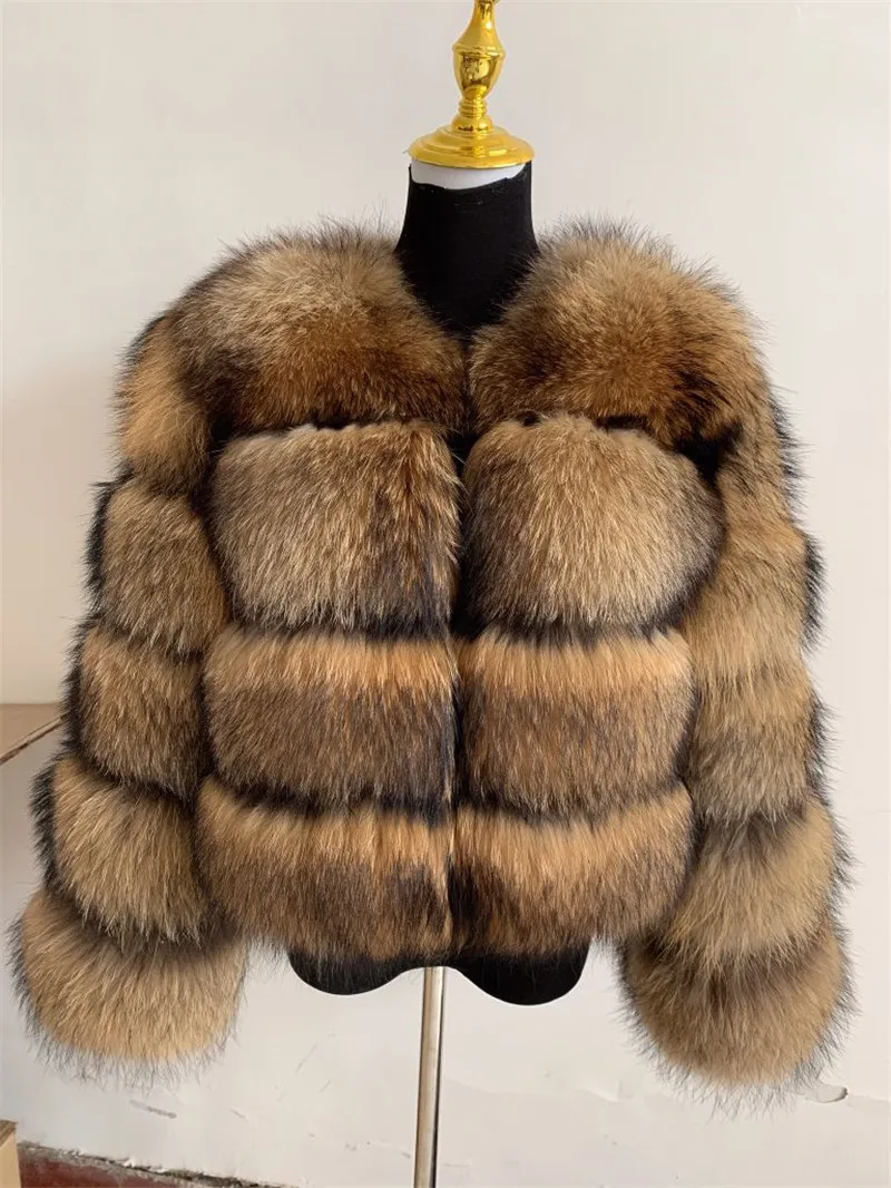 2021Raccoon Fur Coat Ladies Winter Warm Coat Real Fur Coat Natural Raccoon Fur Natural Fox Fur High Quality Fur Long Sleeve Coat