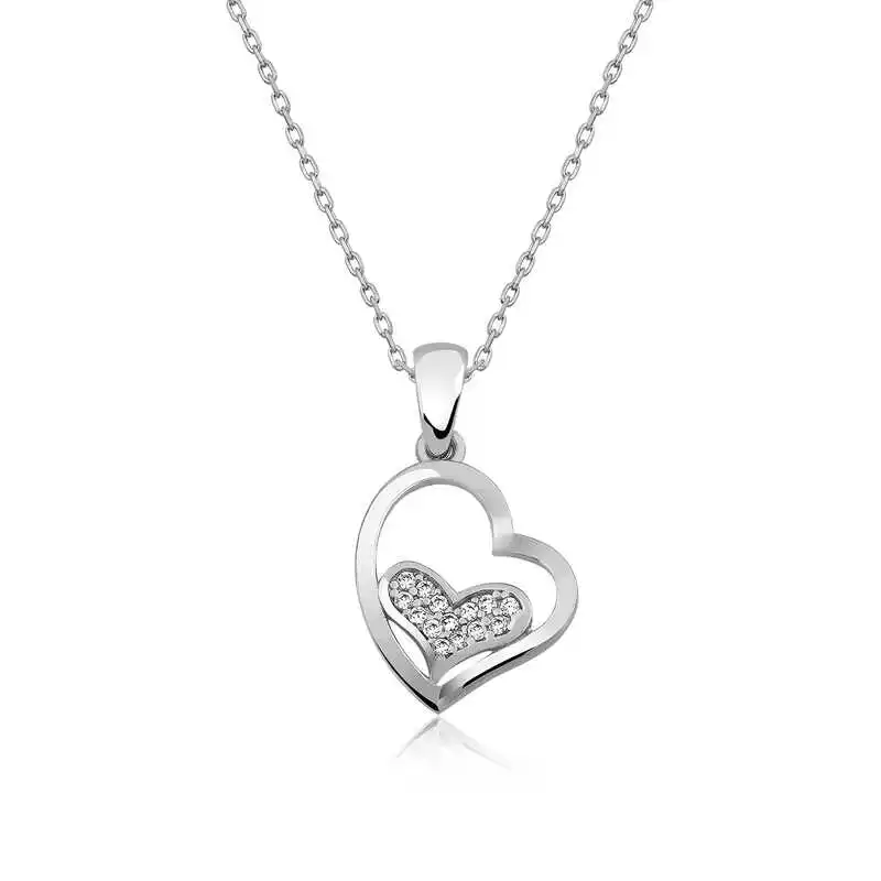 Silver Heart Inside Heart Lady Necklaces 925 Sterling Fine Jewelry Wedding Party Birthday Gift - Box - Pendant - Chain choker-