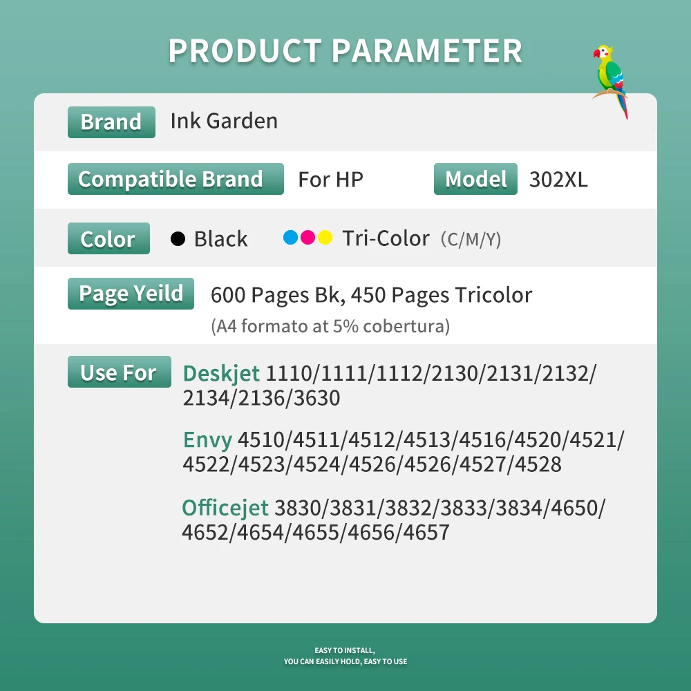 InkGarden 302 XL Ink Cartridge For HP 302XL HP302 Remanufactured Officejet 3830 3831 3832 3833 3834 4650 Envy 4510 4511 Printer